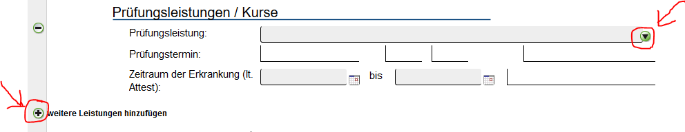 Abbildung 3: Dropdown-Feld zur Auswahl der Prüfung uns Hinzufügen weiterer Prüfungsabmeldungen