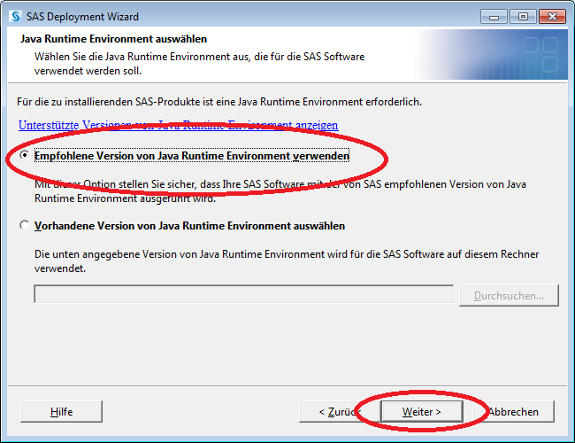 Empfohlene Version von Java Runtime Environment verwenden auswählen und auf "Weiter" klicken